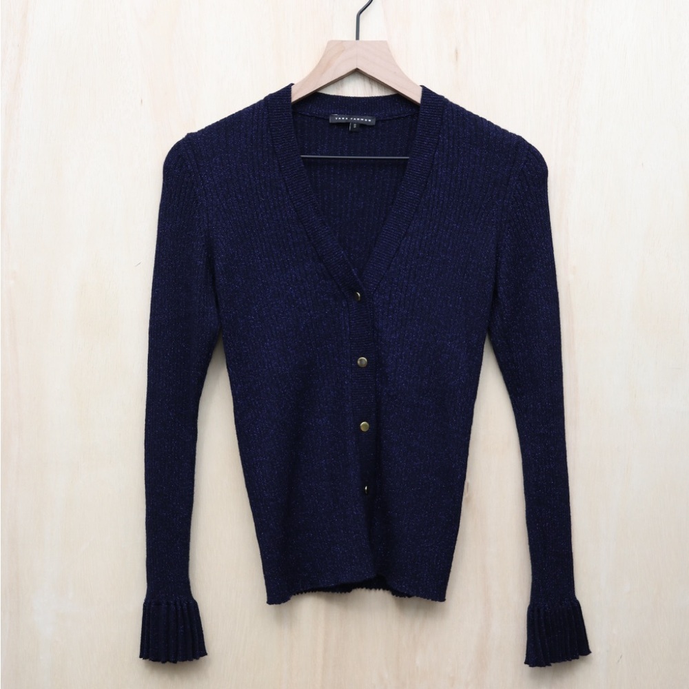 Tara Jarmon Metallic Ribbed‎ Cardigan Navy Small - Picture 3 of 4